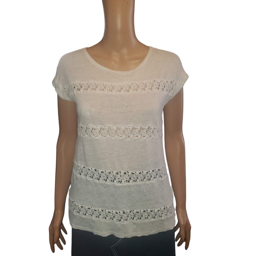 AKEMI+KIN Anthropologie Size S  Lattice Stripe Crochet Cap Sleeve Top Linen FLAW